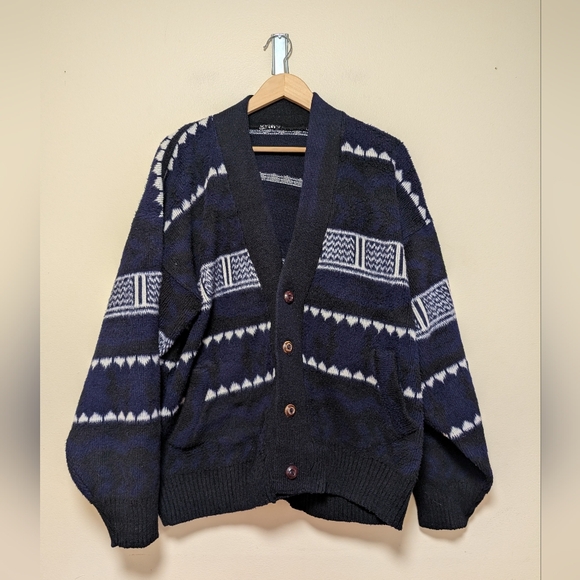 Tejidos Ruminahui Vintage Wool Alpaca Blend Cardigan Sweater Navy Tribal Llama L